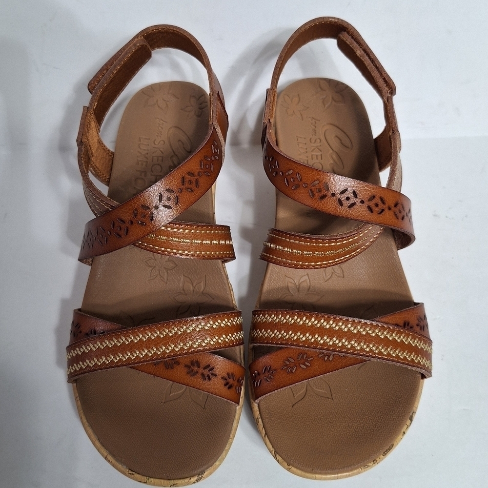 Skechers NEW Brown Beverlee Strappy Faux Leather Cork Heel Wedge Sandal Size 10